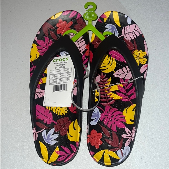 Crocs Women's Black Floral Flip Flops - Picture 1 of 4